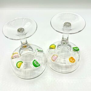 2 Margarita Glasses with Embedded Fruit Slices.